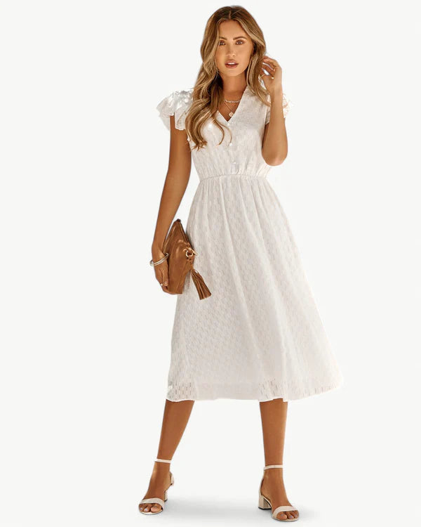 ELISABETTA | Elegante Midi Jurk met Een Smalle Taille en Romantische Details voor Zonnige Dagen