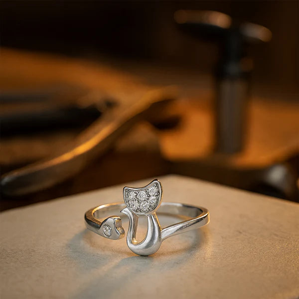 Open ring met schattige kat – Zirkonia