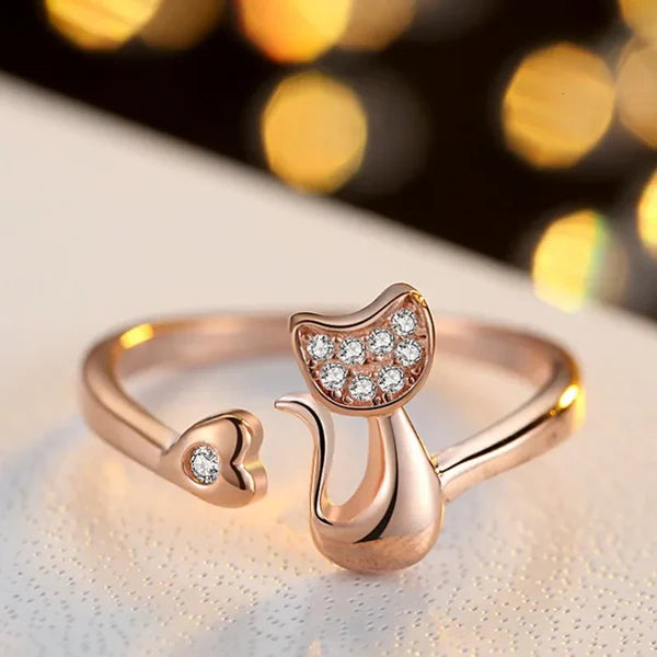 Open ring met schattige kat – Zirkonia